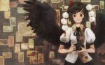  1girl bird_wings black_ribbon black_skirt black_wings camera collared_shirt feathered_wings grin haruaki_(onkai_planaria) hat looking_at_viewer multicolored_shirt neck_ribbon photo_(object) pom_pom_(clothes) puffy_short_sleeves puffy_sleeves red_eyes red_hat ribbon shameimaru_aya shirt short_hair short_sleeves skirt smile solo tokin_hat touhou white_shirt wings 
