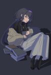  1girl 9sen000 absurdres black_background black_hair black_pantyhose black_shirt blue_archive book book_stack breasts cardigan full_body gold_necklace hair_ribbon hairband highres holding holding_book jewelry long_hair long_sleeves looking_ahead messy_hair necklace no_shoes off-shoulder_cardigan off_shoulder pantyhose peanut_mouth pendant purple_eyes purple_hairband purple_ribbon ribbon sanpaku shadow shirt simple_background sleeves_past_wrists small_breasts solo turtleneck turtleneck_shirt ui_(blue_archive) undershirt very_long_hair 