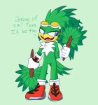 accipitrid accipitriform anthro avian beak bird blue_eyes clothing cookie-pone eyeshadow eyewear eyewear_on_head fans feathers fluffy fluffy_chest footwear gloves goggles goggles_on_head green_body green_feathers handwear hi_res jet_the_hawk makeup male sega shoes solo sonic_riders sonic_the_hedgehog_(series) white_body white_feathers yellow_beak