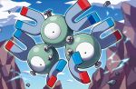  black_eyes blue_sky cloud cloudy_sky creature day electricity floating full_body gen_1_pokemon kirisaki looking_at_viewer magnet magneton no_humans official_art pokemon pokemon_(creature) pokemon_trading_card_game rock screw sky solo 