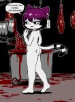 3_toes absurd_res alternative_fashion anthro bin blood bodily_fluids butt collar collar_only cut_(wound) cute_fangs dark despair dialogue domestic_cat e254e ear_piercing ear_tag english_text eye_bags fangs feet felid feline felis female flat_chested food gore goth grinder hair hi_res hook imminent_death leash machine mammal meat meat_grinder meathook nude piercing purple_hair raw_meat sad shredder_(machine) solo teeth text toes veronica_(e254e) wounded