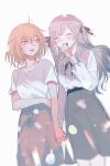  2girls ahoge bang_dream! bang_dream!_it's_mygo!!!!! black_ribbon blonde_hair blue_hair blush closed_eyes commentary grey_skirt hair_ribbon highres holding_hands interlocked_fingers long_hair long_sleeves misumi_uika multiple_girls open_mouth purple_eyes ribbon shirt short_sleeves skirt teeth togawa_sakiko tpt3p upper_teeth_only white_shirt yuri 