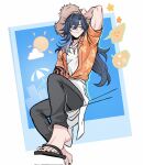  1boy ^_^ alternate_costume arm_up ashveil_(honkai:_star_rail) beach_umbrella black_nails closed_eyes cloud colored_speech_bubble commentary full_body grey_pants hat hawaiian_shirt heart highres honkai:_star_rail honkai_(series) looking_to_the_side male_focus nail_polish open_clothes open_shirt orange_shirt pants romevey sandals shirt sideways_glance solo speech_bubble straw_hat sun umbrella untranslatable_commentary white_shirt 