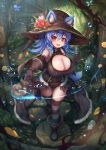  1girl :d ai_gon_deroga animal_ear_fluff animal_ears bare_shoulders blue_hair blurry boots breasts bridge cleavage cleavage_cutout commentary_request depth_of_field ears_through_headwear eyebrows_visible_through_hair flower forest fur_trim gloves hair_between_eyes hat hat_flower house huge_breasts jewelry leather leotard magic medium_hair nature open_mouth oppai_loli original pink_eyes potion revision showgirl_skirt single_earring smile solo staff striped striped_legwear tail thighhighs tree water witch witch_hat wolf_ears wolf_tail 