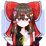  1girl :t alternate_costume black_shirt black_sleeves bow brown_hair closed_mouth collared_shirt commentary_request datoukairo detached_sleeves flower frilled_bow frilled_hair_tubes frills hair_bow hair_flower hair_ornament hair_tubes hakurei_reimu highres long_hair neck_ribbon pout red_bow red_eyes ribbon shirt solo touhou two-tone_shirt upper_body white_shirt x_hair_ornament yellow_bow yellow_ribbon yin_yang 