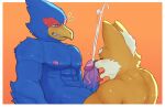 anthro avian beak bird blue_body blue_feathers bodily_fluids canid canine canis clenched_teeth cum erection falco_lombardi feathers fellatio fox fox_mccloud genital_fluids genitals green_eyes hi_res humanoid_genitalia humanoid_penis kovaltiel licking male male/male mammal nintendo oral penile penis penis_lick sex star_fox sweat tan_body teeth tongue tongue_out