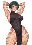  1girl absurdres armpits arms_behind_head arms_up black_dress blush breasts burn_scar commentary covered_navel cowboy_shot dress green_hair groin highres jujutsu_kaisen large_breasts looking_at_viewer multiple_scars paid_reward_available pelvic_curtain reus_(cetta) scar scar_on_arm scar_on_face scar_on_leg scar_on_shoulder scars_all_over short_hair simple_background sleeveless sleeveless_dress solo standing thick_thighs thighs toned toned_female white_background yellow_eyes zen'in_maki zen'in_maki_(post_shibuya) 