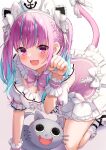  1girl :3 ahoge anchor_print anchor_symbol animal_ears aqua_hair aqua_nails arm_ribbon bent_over black_shoes blush bow braid breasts cat_ears cat_girl cat_tail center_frills cleavage collar commentary dress faubynet footwear_bow frilled_wrist_cuffs frills highres hololive kneeling large_breasts long_hair looking_at_viewer maid maid_headdress minato_aqua minato_aqua_(8th_costume) multicolored_hair nail_polish neko_(minato_aqua) official_alternate_costume official_alternate_hairstyle open_mouth pink_bow pink_dress pink_eyes pink_hair pink_ribbon revision ribbon shoes short_sleeves smile socks streaked_hair tail tail_ornament tail_ribbon thighs twintails two-tone_hair virtual_youtuber white_background white_bow white_collar white_headdress white_ribbon white_socks white_wrist_cuffs wrist_cuffs 