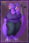 absurd_res anthro artist_name border bottomwear breasts claws clothing colored_skin curvy_figure ear_piercing ear_ring fangs female full-length_portrait hand_on_hip hi_res hood hoodie jewelry lizard_tail looking_at_another overweight pants piercing portrait purple_background purple_body purple_skin raised_hand reptile ring_piercing rockyhorns scalie signature simple_background smile snake solo standing tail teeth text thick_thighs topwear wide_hips yellow_eyes