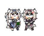  2girls :i alicemuyuki animal_collar animal_ears bandaid bandaid_hair_ornament belt bib_collar black_collar black_jacket blonde_hair blue_belt blue_eyes blue_hairband blue_shoes blue_streaks blush_stickers bright_pupils chibi chibi_only collar commentary crop_top cropped_jacket cropped_shirt crossed_bangs dog_ears dog_girl dog_tail double-parted_bangs dress english_commentary fake_horns fishnet_socks fishnet_thighhighs fishnets frilled_shirt_collar frilled_shorts frills full_body fur-trimmed_jacket fur_trim fuwawa_abyssgard fuwawa_abyssgard_(1st_costume) hair_between_eyes hair_ornament hairband hairclip headphones headphones_around_neck highres hololive hololive_english horn_hairband horns jacket kneehighs long_hair long_sleeves looking_at_another looking_at_object mococo_abyssgard mococo_abyssgard_(1st_costume) multicolored_hair multiple_girls over-kneehighs parallel_hairclips pink_belt pink_eyes pink_hairband pink_streaks raised_inner_eyebrows shirt shoes short_dress short_hair short_shorts shorts siblings simple_background single_over-kneehigh single_thighhigh sisters smug socks streaked_hair tail thighhighs twins twintails two_side_up virtual_youtuber white_background white_dress white_pupils white_shirt white_shorts x_hair_ornament 