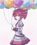  1girl ahoge balloon chibikki commentary drill_hair from_side grey_jacket grey_skirt highres jacket jaggy_lines kasane_teto kasane_teto_(sv) long_sleeves looking_at_viewer looking_to_the_side red_eyes red_hair skirt solo synthesizer_v twin_drills utau white_background 