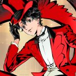 1boy alternate_costume amamiya_ren black_bow black_bowtie black_eyes black_gloves black_hair bow bowtie commentary_request copyright_notice feathered_wings formal_clothes gloves hand_up highres jacket looking_at_viewer messy_hair official_alternate_costume persona persona_5 red_jacket red_wings saitou_rokuro shirt short_hair smile solo suit traditional_bowtie upper_body white_shirt wings yellow_background zipper zipper_pull_tab 