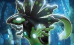  creature dark forest full_body gen_7_pokemon legendary_pokemon nature no_humans official_art pokemon pokemon_(creature) pokemon_trading_card_game solo tree tsutsui_misa zygarde zygarde_(50) 