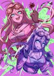  1girl absurdres antenna_hair arm_belt ayatsune_(pixiv_90113070) barbed_wire belt black_choker blonde_hair blue_bow blue_eyes blush bow breasts choker cleavage commentary danganronpa_(series) danganronpa_v3:_killing_harmony derivative_work drooling eyelashes fingerless_gloves gloves goggles goggles_on_head hair_between_eyes highres iruma_miu large_breasts long_hair long_sleeves looking_at_viewer middle_finger multiple_belts multiple_expressions o-ring o-ring_belt open_mouth photoshop_(medium) pink_background pink_serafuku pink_shirt ringed_eyes saliva school_uniform serafuku shirt smile sprite_redraw teeth 