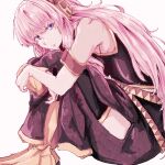  1girl armlet black_dress black_shirt black_thighhighs blue_eyes commentary dress english_commentary from_side headset highres hugging_own_legs jewelry long_hair looking_at_viewer megurine_luka oisiiidoo pink_hair shirt side_slit simple_background sitting sleeveless sleeveless_shirt solo thighhighs vocaloid white_background 