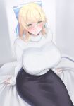  1girl alternate_breast_size_(larger) alternate_costume anesaki arm_support bespectacled black_skirt blonde_hair blue_bow blush bow breasts casual cendrillion_(wonderland_wars) closed_mouth commentary_request double-parted_bangs glasses green_eyes hair_bow highres huge_breasts indoors long_hair long_skirt long_sleeves on_bed paid_reward_available raised_eyebrows ribbed_sweater sidelocks sitting skirt smile solo striped_bow sweater turtleneck turtleneck_sweater white_sweater wonderland_wars 