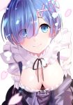  1girl bangs black_ribbon blue_eyes blue_hair blush breasts cleavage commentary_request detached_sleeves eyes_visible_through_hair frills hair_ornament hair_over_one_eye hair_ribbon iwanishi looking_at_viewer maid pink_ribbon re:zero_kara_hajimeru_isekai_seikatsu rem_(re:zero) ribbon short_hair simple_background smile solo white_background x_hair_ornament 