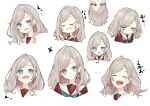  1girl :d ^_^ aqua_neckerchief blue_eyes blush brown_dress ceras_yanagida_lilienfeld closed_eyes closed_mouth commentary_request dress expressionless grey_hair grin hair_ribbon hasu_no_sora_school_uniform highres jitome link!_like!_love_live! long_hair long_sleeves looking_at_viewer love_live! mendo_(mend0o0) multiple_expressions multiple_views neckerchief open_mouth pink_ribbon pout ribbon sailor_collar sailor_dress school_uniform smile teeth translation_request upper_teeth_only virtual_youtuber white_sailor_collar winter_uniform yurie_mouth 