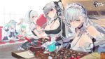  5girls akashi_(azur_lane) anchor_choker angye_fdez animal_ears apron azur_lane bangs bare_shoulders belfast_(azur_lane) black_dress blue_eyes blue_hair box braid breasts broken broken_chain carrying cat_ears chain chocolate choker cleavage counter dress fan food formidable_(azur_lane) french_braid frilled_choker frilled_dress frilled_gloves frills glass_bowl gloves green_hair hair_between_eyes happy_valentine heart-shaped_box highres holding holding_fan kitchen lace-trimmed_hairband large_breasts long_hair looking_at_viewer maid maid_apron maid_headdress multicolored multicolored_ribbon multiple_girls neckwear_between_breasts neptune_(azur_lane) platinum_blonde_hair red_eyes ribbon short_hair silver_hair sirius_(azur_lane) sleeves_past_fingers sleeves_past_wrists twintails two-tone_dress two-tone_ribbon valentine very_long_hair whisk white_apron white_dress white_frills white_gloves 