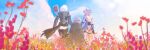  1girl 2boys ass blue_negligee blue_sky book braid braided_hair_rings cloak cloud commentary cursoulla emil_(nier) english_commentary floating floating_book floating_object grimoire_weiss hair_rings holding_hands jacket kaine_(nier) multiple_boys negligee nier nier_(brother) nier_(brother)_(post_timeskip) nier_(series) short_hair sky white_hair 