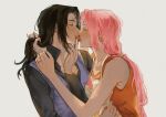  2girls absurdres apron black_hair black_shirt cherry closed_eyes commentary english_commentary food fruit genderswap genderswap_(mtf) genderswap_on_non-genderswap grey_vest haruno_sakura highres imminent_kiss long_hair low-tied_long_hair meoowwxx multiple_girls naruto_(series) orange_shirt pink_hair shirt sleeveless sleeveless_shirt uchiha_sasuke vest white_apron yuri 