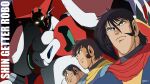  1990s_(style) 3boys armor black_hair brown_hair copyright_name getter_robo glowing glowing_eyes highres ishikawa_ken_(style) jin_hayato kuruma_benkei looking_at_viewer male_focus mecha mecha_focus mecha_pilot_suit miroku_(miroku_t) multiple_boys nagare_ryoma official_style red_armor red_scarf retro_artstyle robot scarf serious shin_getter-1 shin_getter_robo short_hair sideburns very_short_hair white_armor yellow_scarf 