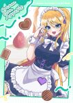  1girl :d absurdres alternate_costume alternate_hairstyle apron black_corset black_shirt black_skirt black_thighhighs blonde_hair blush border bow bowtie breasts candy chocolate collared_shirt comiket_105 commentary_request cookie copyright_name corset cover cover_page cowboy_shot doujin_cover dutch_angle english_text enmaided eyelashes food frilled_apron frilled_skirt frills fruit green_eyes grey_border hair_between_eyes hair_ribbon hand_up happy heart heart-shaped_chocolate heart-shaped_food heart_hands heaven_burns_red highres large_breasts long_hair looking_at_viewer maid maid_apron maid_headdress open_mouth outside_border pixel_heart ponytail puffy_short_sleeves puffy_sleeves purple_ribbon ribbon shirt short_sleeves sidelocks simple_background siromochino skirt smile solo strawberry thighhighs toujou_tsukasa very_long_hair white_apron white_background white_bow white_bowtie white_wrist_cuffs wrist_cuffs 