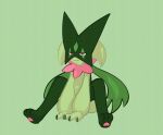2023 3_fingers absurd_res ambiguous_gender anthro cape claws clothing colored facial_markings feet finger_claws fingers flower flower_(anatomy) full-length_portrait fur generation_9_pokemon green_background green_body green_fur green_legs green_mask handpaw head_markings hi_res hindpaw jagged_mouth leaf_(anatomy) markings mask meowscarada momensarada nintendo paws pink_flower plant pokemon pokemon_(species) portrait pupils red_eyes simple_background sitting slit_pupils solo white_sclera