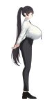  1girl absurdres alternate_hairstyle amaterasu_(himegami_emaki) arms_behind_back belt black_hair black_necktie black_shoes blunt_bangs breasts brown_belt closed_mouth collared_shirt defaultkavy dress_shirt from_side full_body gigantic_breasts hand_on_own_wrist highres himegami_emaki long_hair long_sleeves looking_at_viewer necktie no_socks ponytail red_eyes shirt shoes sidelocks simple_background solo standing suit_pants very_long_hair white_background white_shirt 
