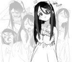  1girl animal_ear_hairband animal_ears arms_behind_back black_eyes black_hair blush cat_ears character_name closed_eyes closed_mouth collarbone commentary_request crying dress fake_animal_ears frilled_dress frills greyscale hair_over_eyes hairband hand_on_own_head hands_up leaning_forward long_hair monochrome multiple_expressions original parted_bangs petosu_(sunoco) sweatdrop tongue tongue_out white_background 