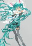  1girl absurdres aqua_eyes aqua_hair commentary_request detached_sleeves feet_out_of_frame floating_hair grey_background hatsune_miku hatsune_miku_(vocaloid4) highres ichika_(ichika87) long_hair looking_at_viewer miku_day miniskirt necktie own_hands_together skirt solo standing thighhighs twintails v4x very_long_hair vocaloid zettai_ryouiki 