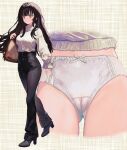  1girl arm_at_side bag black_hair black_pants black_shoes block_heels bow bow_panties cameltoe choppy_bangs closed_mouth commentary_request crotch_seam expressionless hanashima_m hand_up highres long_hair long_sleeves multicolored_eyes multiple_views original panties pants plaid_background ribbed_sweater shoes shoulder_bag small_sweatdrop sweater sweater_tucked_in turtleneck turtleneck_sweater two-tone_eyes underwear walking white_panties white_sweater 