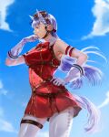  1girl animal_ears armband armpits bare_shoulders blue_sky blunt_bangs bow bowtie breasts brown_hat closed_mouth cloud commentary_request dress ear_bow ear_ribbon gloves gold_ship_(red_strife)_(umamusume) gold_ship_(umamusume) grey_hair hand_on_own_hip hat highres horse_ears horse_girl horse_tail long_hair medium_breasts pantyhose pillbox_hat purple_eyes red_bow red_dress shiro_saki sky sleeveless sleeveless_dress solo striped_armband striped_clothes sweat tail thigh_strap umamusume white_gloves white_pantyhose 