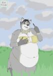 absurd_res anthro belly belly_rolls big_belly bikini black_hair black_lips black_nose breasts canid canine canis claws clothing cloud dina_weird dintrick double_chin fat_rolls female field fur gesture grass grey_body grey_eyes grey_fur hair hand_gesture hi_res lips looking_at_viewer mammal middle_finger navel overweight overweight_anthro overweight_female plant sky smug solo swimwear tail teeth thick_thighs two-piece_swimsuit wolf yellow_body yellow_fur