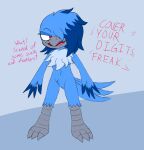 anthro avian beak bird blue_body blue_feathers bluebird cookie-pone english_text fan_character feathers grey_beak grey_talons hi_res male mastectomy_scar mountain_bluebird navel oscine passerine pink_eyes public public_nudity scar sega shred_the_bluebird smile smiling_at_viewer smirk smirking_at_viewer smug solo sonic_the_hedgehog_(series) text thrush_(bird) trans_(lore) trans_man_(lore) white_body white_feathers winged_arms wings