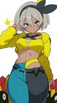  1girl bandeau bea_(pokemon) black_hairband black_pants blue_eyes blue_nails blue_pants breasts canari_(pokemon) canari_(pokemon)_(cosplay) closed_mouth commentary cosplay cowboy_shot criss-cross_straps cropped_jacket dark-skinned_female dark_skin falinks grey_hair hair_ribbon hairband hood hood_down hooded_jacket jacket looking_at_viewer medium_breasts mituyota_76 nail_polish navel pants pokemon pokemon_legends:_z-a pokemon_sword_and_shield ribbon short_hair simple_background smile solo split-color_clothes standing star_(symbol) stomach thick_eyebrows two-tone_pants two-tone_ribbon v v-shaped_eyebrows white_background yellow_bandeau yellow_jacket yellow_ribbon zipper_pull_tab 