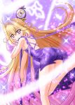  1girl antenna_hair blonde_hair cure_arcana_shadow dress glowing hair_intakes henshin_pose highres holding holding_rod long_hair looking_at_viewer magical_girl meitantei_precure! moria_luluka multicolored_hair precure purple_dress rod shadohomuun solo tear_arcana_rod very_long_hair 