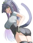  1girl absurdres animal_ear_fluff animal_ears arknights ass black_gloves black_hair black_shorts blush breasts bright_pupils diamond-shaped_pupils diamond_(shape) from_behind gloves green_eyes green_gloves hair_ornament hand_on_own_chest highres jessica_(arknights) jessica_the_liberated_(arknights) large_breasts looking_at_viewer looking_back multicolored_gloves multicolored_hair open_mouth ponytail purple_hair shirt short_sle shorts simple_background skindentation solo spam_(spamham4506) symbol-shaped_pupils tail tail_raised thighs two-tone_gloves two-tone_hair white_background white_pupils white_shirt 