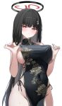  1girl absurdres black_hair blue_archive blush breasts bright_pupils china_dress chinese_clothes covered_navel dress floral_print floral_print_dress groin halo highres large_breasts long_hair looking_at_viewer nannung panties panty_straps parted_lips pelvic_curtain print_dress red_eyes ringed_eyes rio_(blue_archive) side-tie_panties sideless_dress simple_background sleeveless sleeveless_dress solo underwear very_long_hair white_background white_pupils 