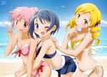  3girls bare_arms bare_shoulders beach benjoerres bikini bird blonde_hair blue_bikini blue_eyes blue_hair blush frilled_bikini frills hair_ornament hairclip hand_on_back hand_on_own_face head_tilt highres hug hug_from_behind huge_filesize kaname_madoka mahou_shoujo_madoka_magica miki_sayaka multiple_girls navel ocean one_eye_closed open_mouth pink_bikini pink_hair pink_ribbon red_eyes ribbon seagull short_hair signature summer swimsuit tomoe_mami yellow_bikini yellow_eyes 