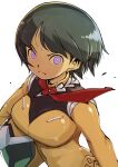 1girl black_hair bob_cut bodysuit breasts closed_mouth commentary_request crazy_eyes earth_federation earth_federation_space_forces gundam gundam_gquuuuuux helmet highres holding holding_unworn_helmet large_breasts looking_at_viewer mature_female mecha_pilot_suit muramasa_mikado normal_suit_(gundam) purple_eyes serious shiiko_sugai short_hair solo unworn_headwear unworn_helmet v-shaped_eyebrows white_background wide-eyed yellow_bodysuit 