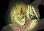  07sux1t 1boy blonde_hair blood blood_on_face close-up closed_mouth collarbone commentary_request cutting_hair cutting_own_hair hair_between_eyes highres holding holding_scissors male_focus portrait sanpaku scissors shoulder_tattoo solo tattoo topless_male tsav_(yuushakei_ni_shosu) yuushakei_ni_shosu 
