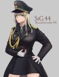  1girl absurdres blonde_hair cureeper0210 girls_frontline gloves green_eyes grey_background hat highres long_hair looking_at_viewer military military_hat military_jacket military_uniform pipe solo stg44_(girls_frontline) uniform white_gloves 