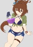  1girl agnes_tachyon_(lunatic_lab)_(umamusume) agnes_tachyon_(umamusume) ahoge animal_ears bikini bikini_under_clothes black_bikini black_gloves blue_shorts breasts brown_hair cleavage closed_mouth commentary criss-cross_halter cutoffs denim denim_shorts ear_ribbon flask gloves green_jacket green_ribbon grey_background halterneck highres holding holding_flask horse_ears horse_girl horse_tail huge_ahoge invisible_chair jacket looking_at_viewer medium_breasts medium_hair micro_shorts multi-strapped_bikini_bottom navel red_eyes ribbon short_sleeves shorts single_glove sitting smile solo swimsuit tail thigh_strap tied_jacket umamusume unfinished vococo 
