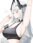  1girl absurdres aqua_collar arknights arm_up armpits bare_shoulders black_collar black_horns black_tank_top blush breasts cleavage closed_eyes closed_mouth collar commentary_request ear_piercing hand_up highres horns huge_breasts infection_monitor_(arknights) long_hair material_growth mudrock_(arknights) multicolored_collar open_jumpsuit oripathy_lesion_(arknights) piercing pointy_ears simple_background sleeveless small_sweatdrop solo spam_(spamham4506) tank_top two-tone_collar upper_body white_background white_hair 