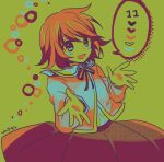  1boy blush circle color_guide colored_skin crossdressing crossdressing_(mtf) danganronpa:_trigger_happy_havoc danganronpa_(series) fujisaki_chihiro green_background green_skin heart limited_palette mikan_tabetai neck_ribbon orange_hair red_eyes red_ribbon red_skirt ribbon signature skirt smile solo speech_bubble spoken_heart trap 