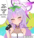  1girl absurdres anger_vein bare_shoulders braid breasts cleavage eggplant fingerless_gloves fishnet_top fishnets gloves gradient_hair hakimen halo highres indie_virtual_youtuber long_hair looking_at_viewer medium_breasts mesugaki multicolored_hair plant_on_head purple_hair sachiihappy see-through_cleavage see-through_clothes shoulder_tattoo simple_background smile smug spoken_anger_vein star-shaped_pupils star_(symbol) symbol-shaped_pupils tattoo twin_braids v virtual_youtuber yellow_eyes 