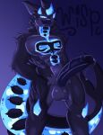  2025 absurd_res anthro aquatic balls big_penis black_body black_fur black_penis blue_body blue_crystal blue_eyes blue_sclera bodily_fluids crystal crystal_horn digital_media_(artwork) dripping erection fe7r8iode fish fur genital_fluids genitals glowing glowing_body gootraxian hi_res humanoid_genitalia humanoid_penis kaiju_paradise leaking_precum looking_at_viewer male one_eye_closed penis precum precum_drip precum_on_penis precum_string pseudo_horn purple_background purple_balls purple_body purple_fur shark shark_fin shark_tail simple_background solo wisp_(kaiju_paradise) 