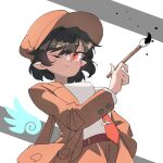  1girl bag black_hair brown_bag brown_hat brown_jacket brown_shorts commentary hat holding holding_brush jacket looking_at_viewer necktie one_eye_closed pointy_ears red_necktie ryouryou shameimaru_aya shameimaru_aya_(newsboy) shirt short_hair shorts shoulder_bag solo touhou untranslatable_commentary white_shirt 