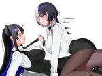  2girls black_bow black_bowtie black_hair black_necktie black_pantyhose black_shoes black_skirt black_vest blue_hair blunt_bangs bow bowtie breasts clothes_grab collared_shirt colored_inner_hair commentary from_side girl_on_top grey_hair high_heels hololive hololive_english large_breasts long_hair looking_at_another looking_at_viewer lying miniskirt multicolored_hair multiple_girls necktie necktie_grab neckwear_grab nerissa_ravencroft oioi_ainomo on_back pantyhose parted_lips pencil_skirt shiori_novella shirt shoes simple_background skirt split-color_hair straddling strappy_heels traditional_bowtie two-tone_hair untranslatable_commentary vest virtual_youtuber white_background white_shirt yellow_eyes yuri 